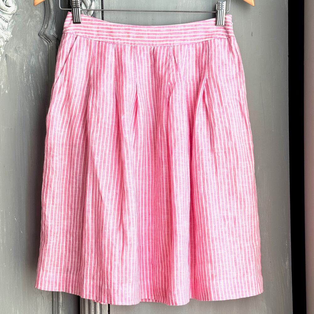 Brooks Brothers Pink White Linen Striped Pleated Skirt Pockets Size 0